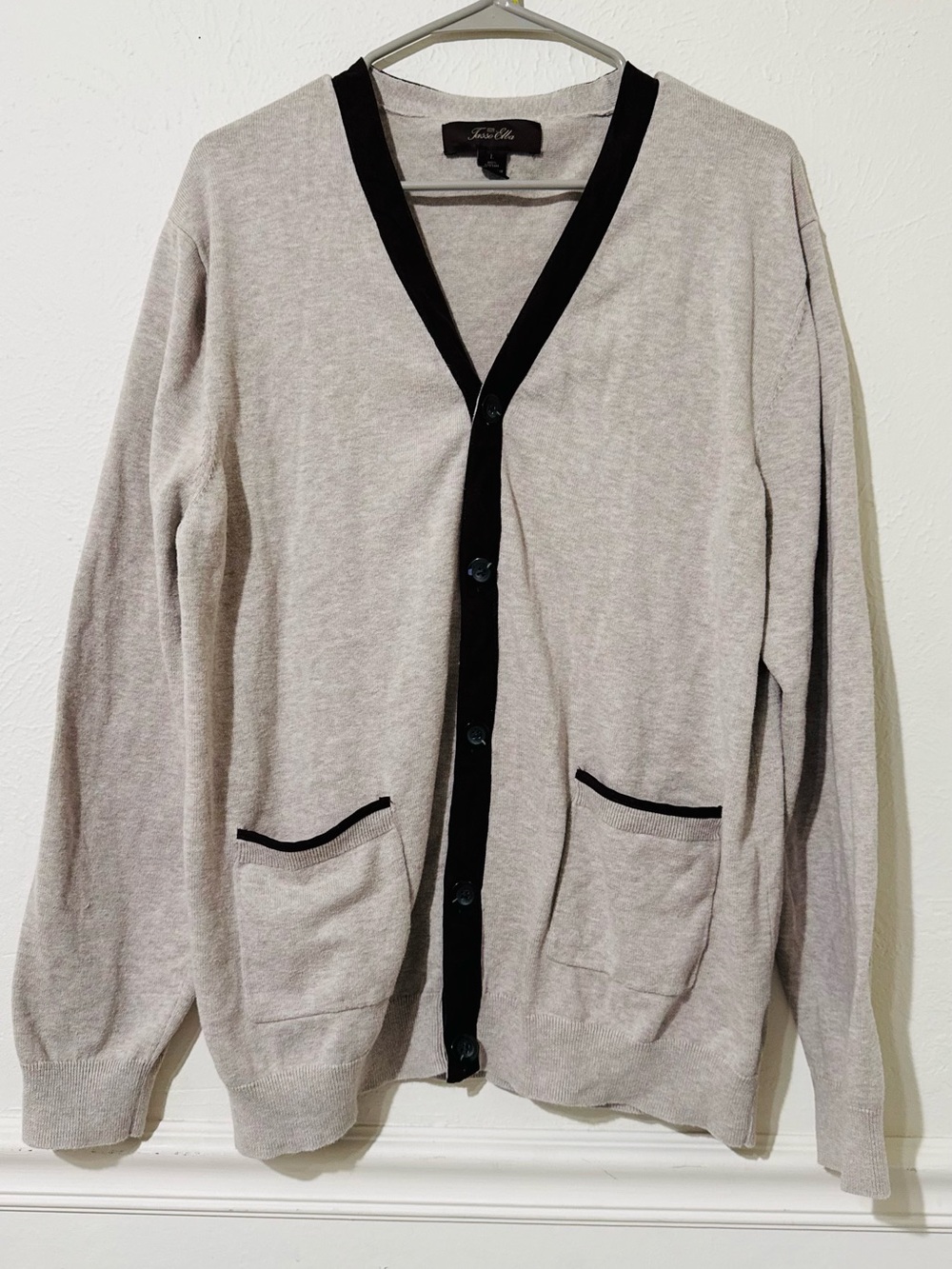 Tasso Elba Light Gray Cardigan with Black Trim with elbow patches